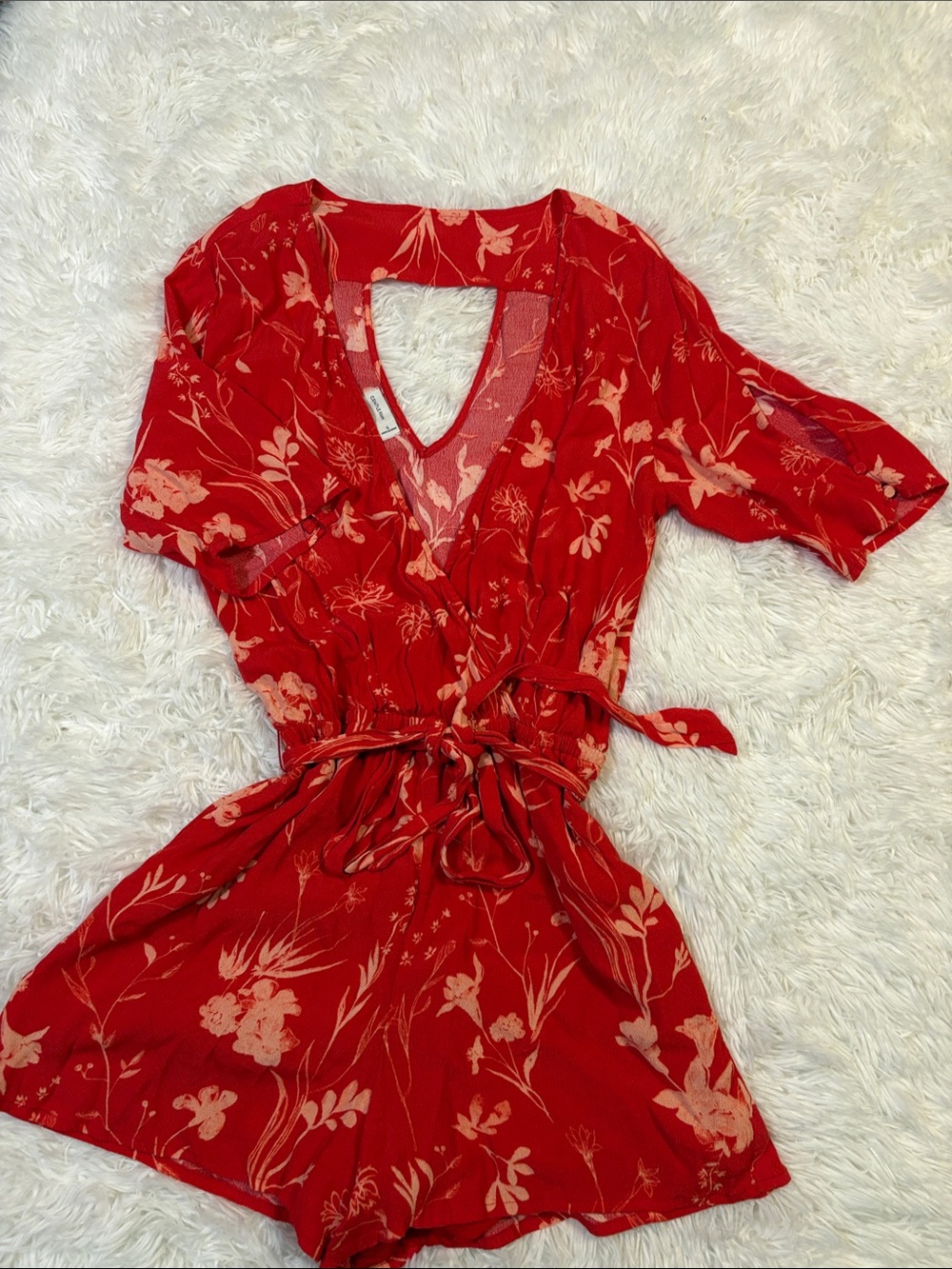 Gentle Fawn Red Floral V‑Neck Tie‑Waist Romper